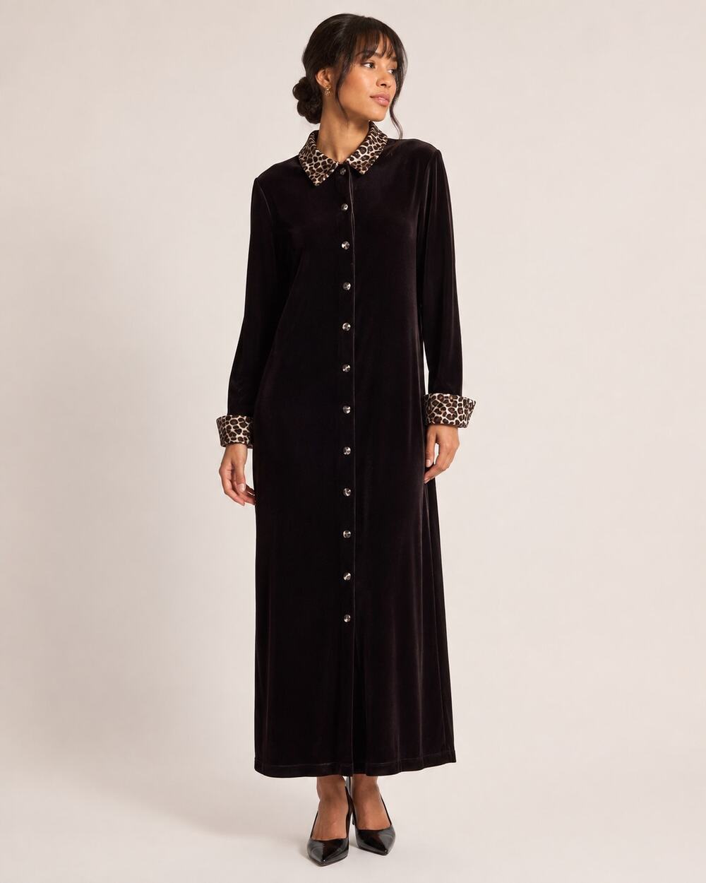 Chocolate Brown Velvet Button Maxi Dress Leopard Print Collar Long Sleeve Dress